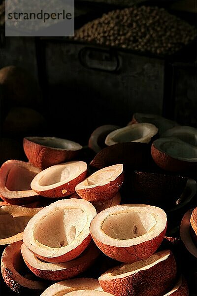 Kokosnüsse auf dem Gemüsemarkt in der von der Sonne beleuchteten Straße Sardar-Markt  Jodhpur  Rajasthan  Indien  Asien