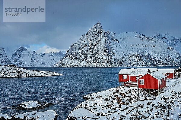 Das ikonische Fischerdorf Hamnoy auf den Lofoten  Norwegen  mit seinen roten Rorbu-Häusern. Mit fallendem Schnee im Winter  Europa