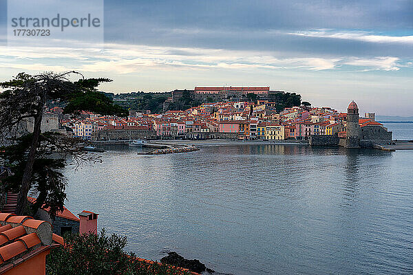 Traditionelles  farbenfrohes mittelalterliches Dorf bei Sonnenuntergang  Collioure  Pyrénées Orientales  Frankreich  Europa