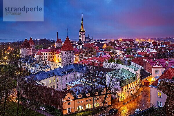 Luftaufnahme der mittelalterlichen Altstadt von Tallinn  beleuchtet am Abend mit dramatischem Himmel  Estland  Europa