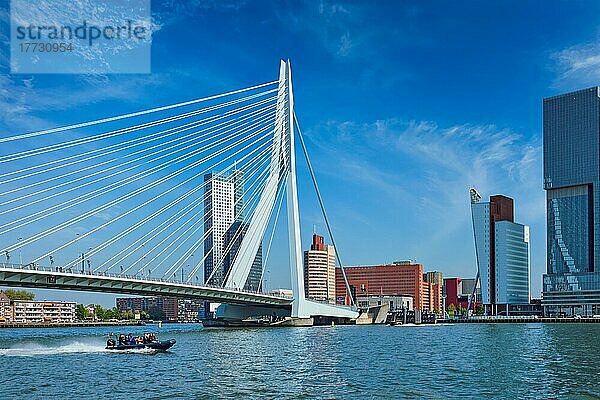 Stadtbild von Rotterdam mit Kreuzfahrtschiff und Erasmusbrücke. Niederlande
