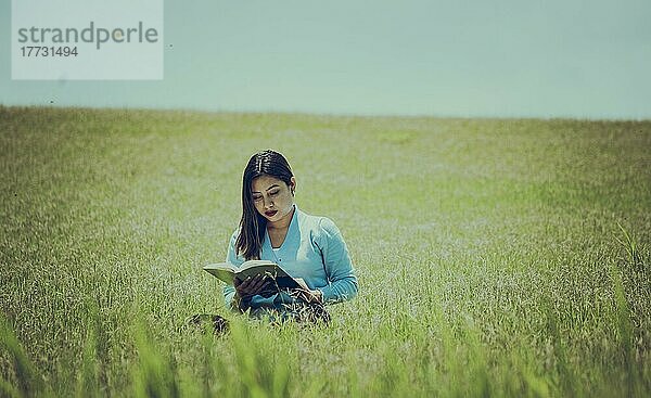 Ein Mädchen liest ein Buch im Feld  Eine Person sitzt im Gras und liest ein Buch  Attraktive Menschen sitzen im Gras und lesen ein Buch