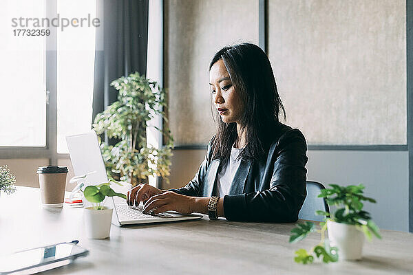 Businesswoman working on laptop at desk in work place