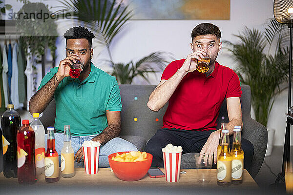 Junge Männer trinken trinken und schauen sich zu Hause auf dem Sofa im Wohnzimmer ein Fußballspiel an