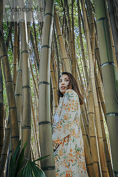 Woman looking over shoulder standing in bamboo grove
