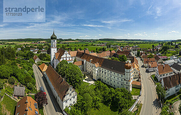 Germany  Bavaria  Kammeltal  Helicopter view of Wettenhausen Abbey and surrounding houses in summer