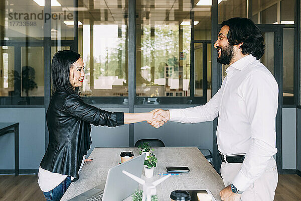 Smiling business people shaking hands after meeting in office