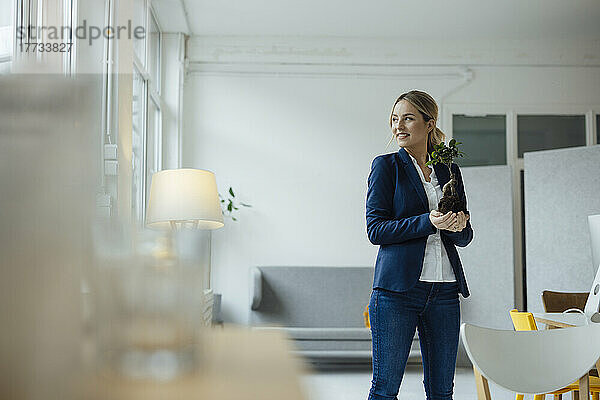 Lächelnde Geschäftsfrau hält Pflanze im Büro