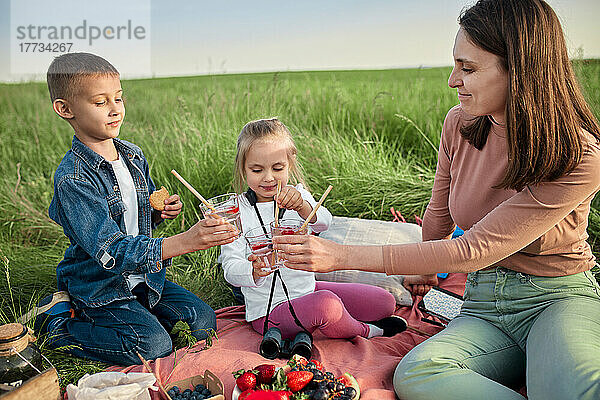 Lächelnde Frau und Kinder stoßen beim Picknick mit Gläsern angereicherten Wassers an