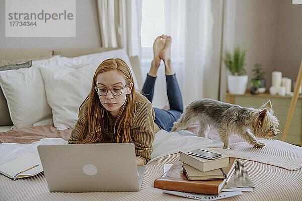 Frau mit Brille und Laptop liegt zu Hause neben Hund im Bett