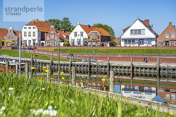 Germany  Lower Saxony  Greetsiel  Town harbor in spring with houses in background