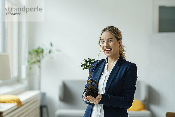 Glückliche Geschäftsfrau hält Pflanze im Büro