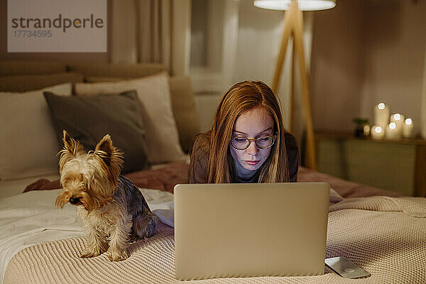 Rothaarige Frau mit Laptop und Yorkshire Terrier im heimischen Bett