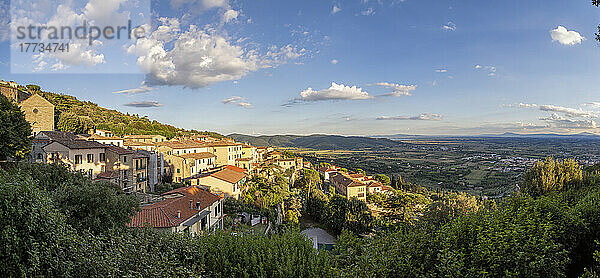 Italy  Province of Arezzo  Cortona  Panoramic view of town overlooking Chiana Valley