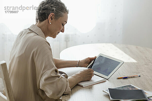 Frau hält digitales Tablet mit Daten in der Hand und macht sich zu Hause am Tisch Notizen