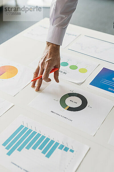 Hand eines Geschäftsmannes mit Stift  der Diagramme und Grafiken am Schreibtisch im Büro analysiert