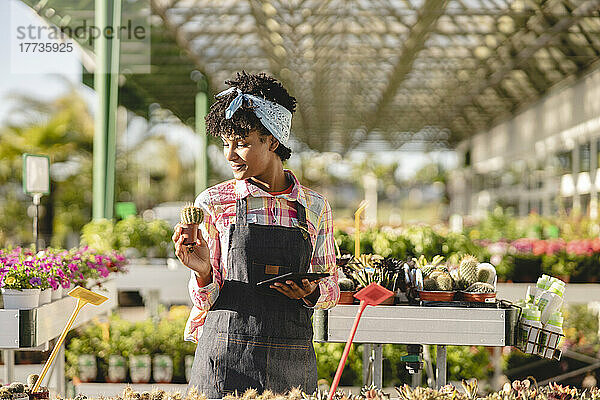 Gärtner mit Tablet-PC hält Kaktuspflanze in der Gärtnerei