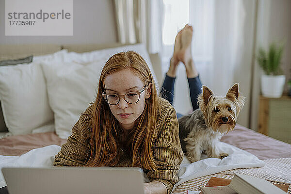 Frau mit Brille und Laptop liegt zu Hause neben Hund im Bett