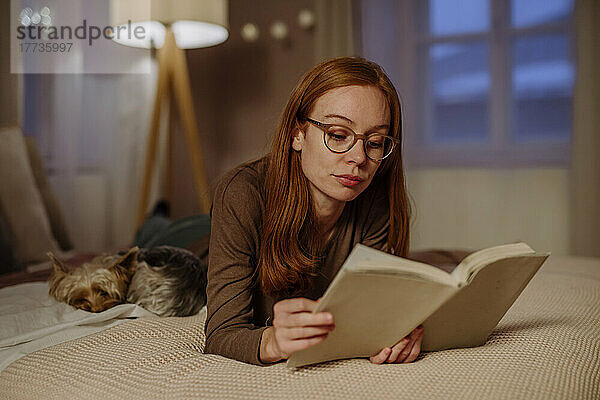 Frau mit Brille liest Buch und liegt zu Hause im Bett eines Yorkshire Terriers