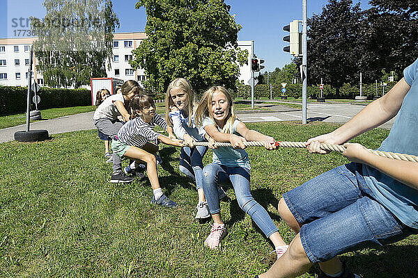 Children playing tug-of-war on sunny day