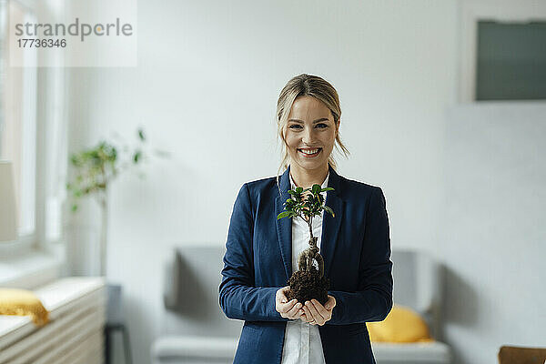 Lächelnde Geschäftsfrau hält Pflanze im Büro