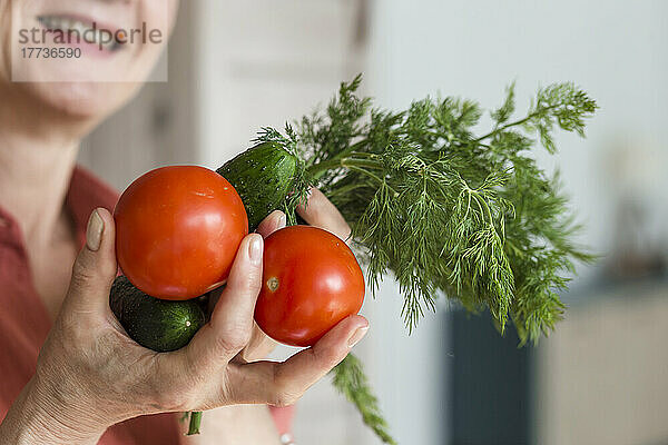 Lächelnde Frau mit Tomaten  Gurken und Dill