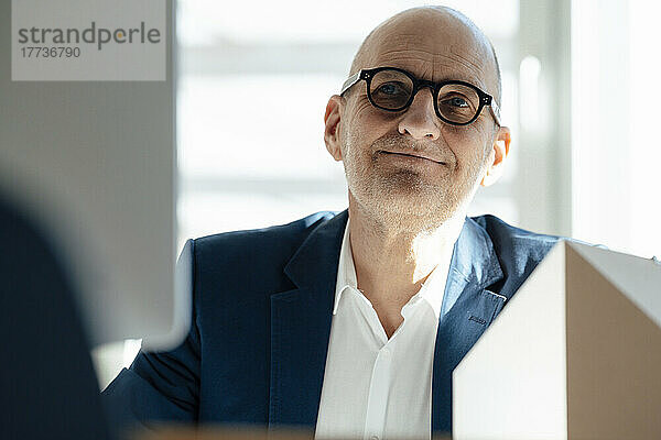Smiling businessman wearing eyeglasses working at office