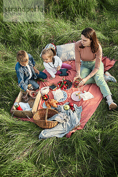Mother and children having food in field on weekend