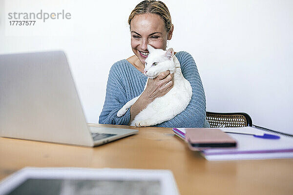 Lächelnde Geschäftsfrau mit Katze  die von zu Hause aus auf den Laptop schaut