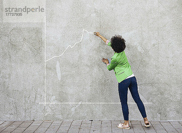 Junge Frau zeigt auf eine an die Wand gemalte Karte
