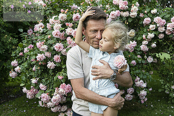 Liebevoller Vater umarmt Tochter vor rosa Rosen im Garten