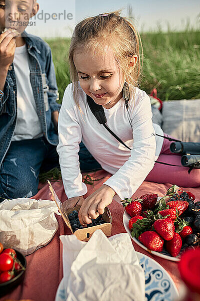 Mädchen isst Blaubeeren von ihrem Bruder beim Picknick am Wochenende
