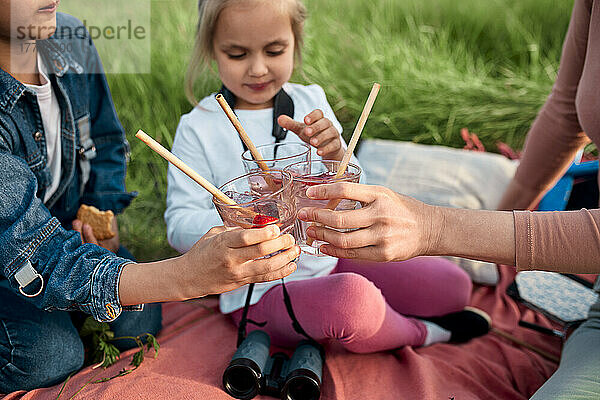 Mutter und Kinder stoßen beim Picknick auf dem Feld mit Gläsern angereicherten Wassers an