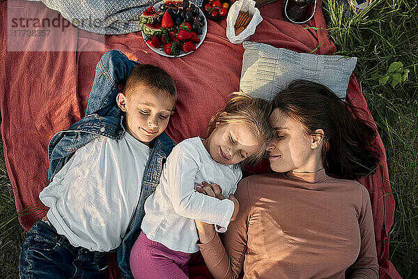 Smiling mother and children sleeping in field at picnic