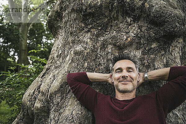 Lächelnder Mann mit den Händen hinter dem Kopf  der sich an einen Baumstamm lehnt