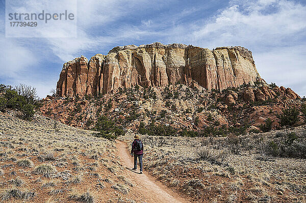 USA  New Mexico  Abiquiu  Rückansicht einer Wanderin in der Nähe von Mesa in der Wüstenlandschaft