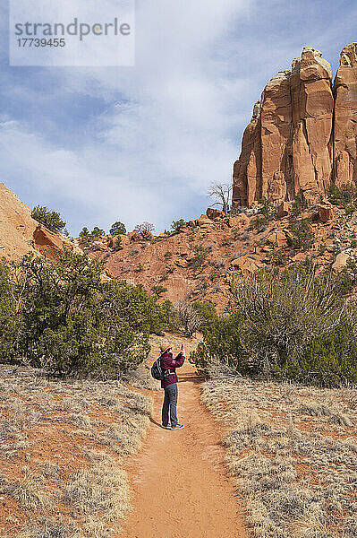 USA  New Mexico  Abiquiu  Wanderin fotografiert Mesa in Wüstenlandschaft