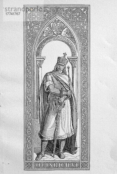 Heinrich VI. aus dem Geschlecht der Staufer (November 1165) (28. September 1197) war ab 1169 römisch-deutscher König und ab 1191 Kaiser des Heiligen Römischen Reiches  Historisch  digital restaurierte Reproduktion einer Vorlage aus dem 18. Jahrhundert