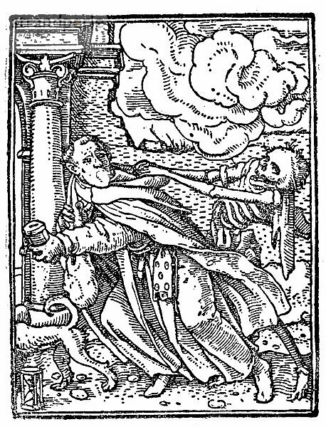 Der Tod und der Mönch aus Hans Holbein Totentanz  1538  Historisch  digitale Reproduktion einer Originalvorlage aus dem 19. Jahrhundert