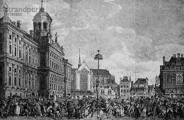 Das Fest zur Einweihung des Freiheitsbaum auf dem Revolutionsplatz in Amsterdam am 4. März 1795  Holland  Historisch  digital restaurierte Reproduktion einer Originalvorlage aus dem 19. Jahrhundert  genaues Originaldatum nicht bekannt