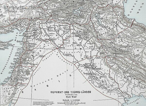 Landkarte der Länder um Euphrat und Tigris von ca 1870  Babylonien  Arabien  Syrien  Historisch  digital restaurierte Reproduktion einer Originalvorlage aus dem 19. Jahrhundert  genaues Originaldatum nicht bekannt  Asien