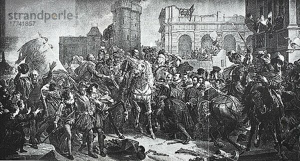 Der Einzug von König Heinrich IV. in Paris  29. März 1594  Historisch  digitale Reproduktion einer Originalvorlage aus dem 19. Jahrhundert