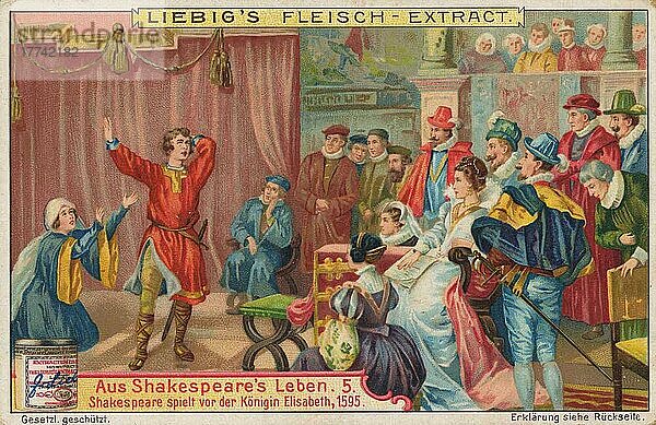 Bilderserie aus dem Leben von Shakespeare  spielt vor der Königin Elisabeth  1595  digital restaurierte Reproduktion eines Sammelbildes von ca 1900  gemeinfrei  genaues Datum unbekannt
