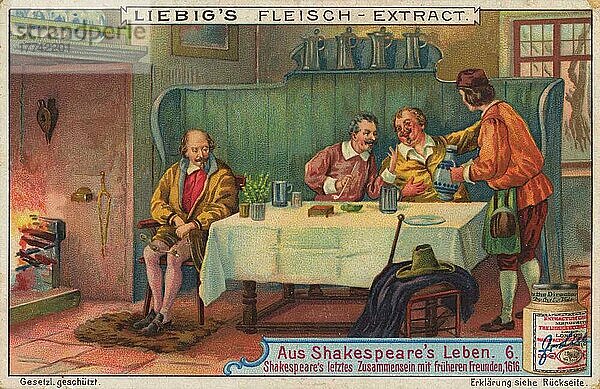 Bilderserie aus dem Leben von Shakespeare  letztes Zusammensein mit früheren Freunden  1616  digital restaurierte Reproduktion eines Sammelbildes von ca 1900  gemeinfrei  genaues Datum unbekannt