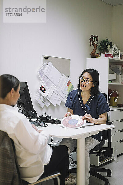 Lächelnde Ärztin  die eine Tabelle zur In-vitro-Fertilisation zeigt  während sie mit einem Patienten im Büro eines Krankenhauses spricht