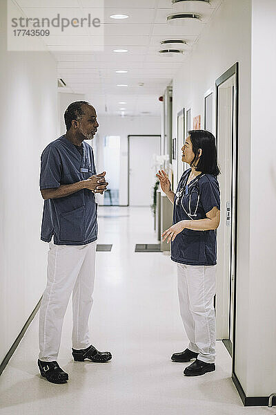 Männliche und weibliche Ärzte in voller Länge  die gemeinsam auf dem Flur eines Krankenhauses diskutieren