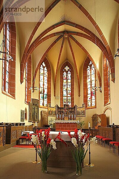 Innenansicht mit Altarraum von spätgotischen St. Peter und Paul Kirche in Eltville  Rheingau  Taunus  Hessen  Deutschland  Europa