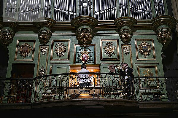Innenaufnahme  Hauptorgel mit Organist und Trompeter  Kathedrale Saint-Sauveur  Aix-en-Provence  Bouches-du-Rhône  Provence-Alpes-Côte d'Azur  Frankreich  Europa