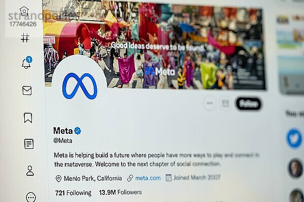 Twitter Seite des Unternehmens Meta  Twitter  Soziales Netzwerk  Internet  Internetseite  Bildschirmfoto  Detail