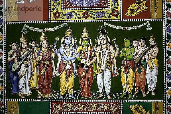 Hochzeit der Göttin Menakshi  Wandmalereien an der Decke eines Shiva-Tempels bei Pudukkottai  Tamil Nadu  Indien  Asien